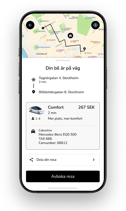 Ride-sharing app interface showing a map, route, car details, and fare of 267 SEK for a trip in Stockholm. Options to share or cancel the ride.
